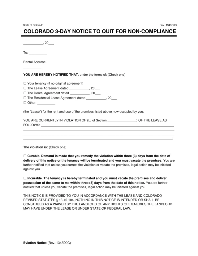 Colorado 3-Day Notice to Quit for Non-Compliance