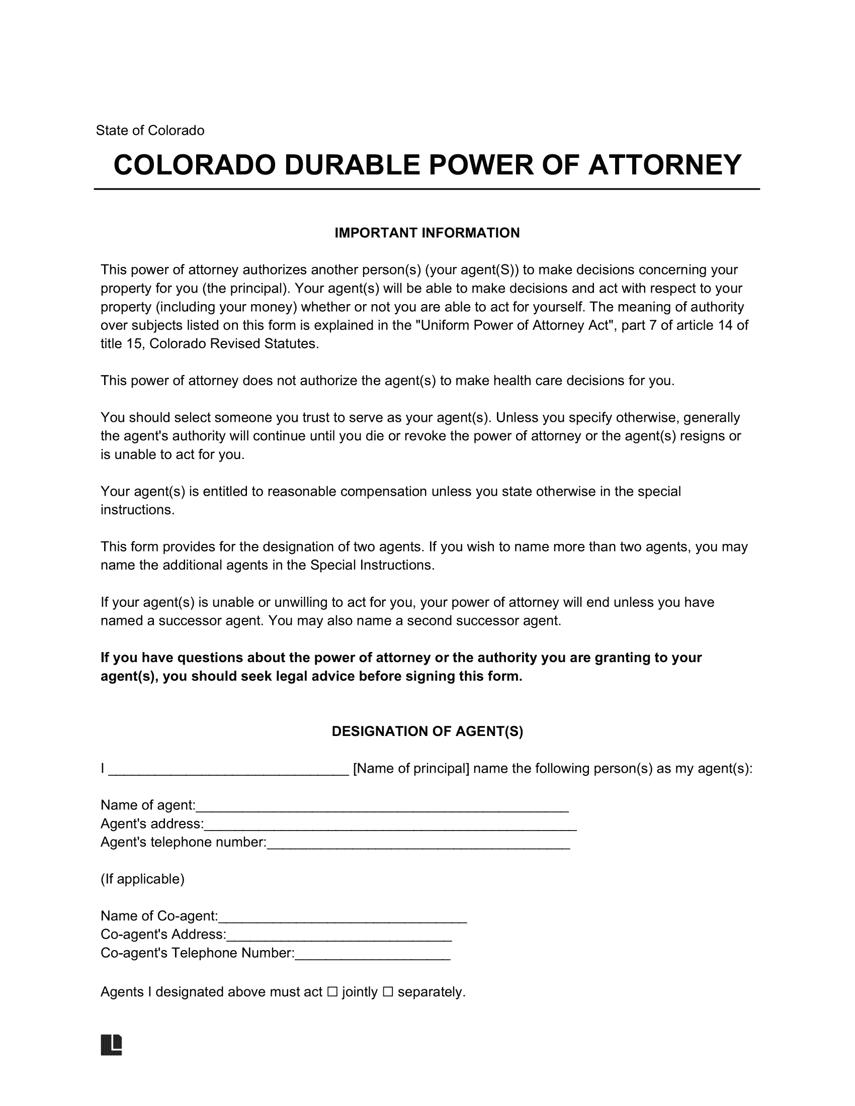 Colorado Durable Statutory Power of Attorney Form