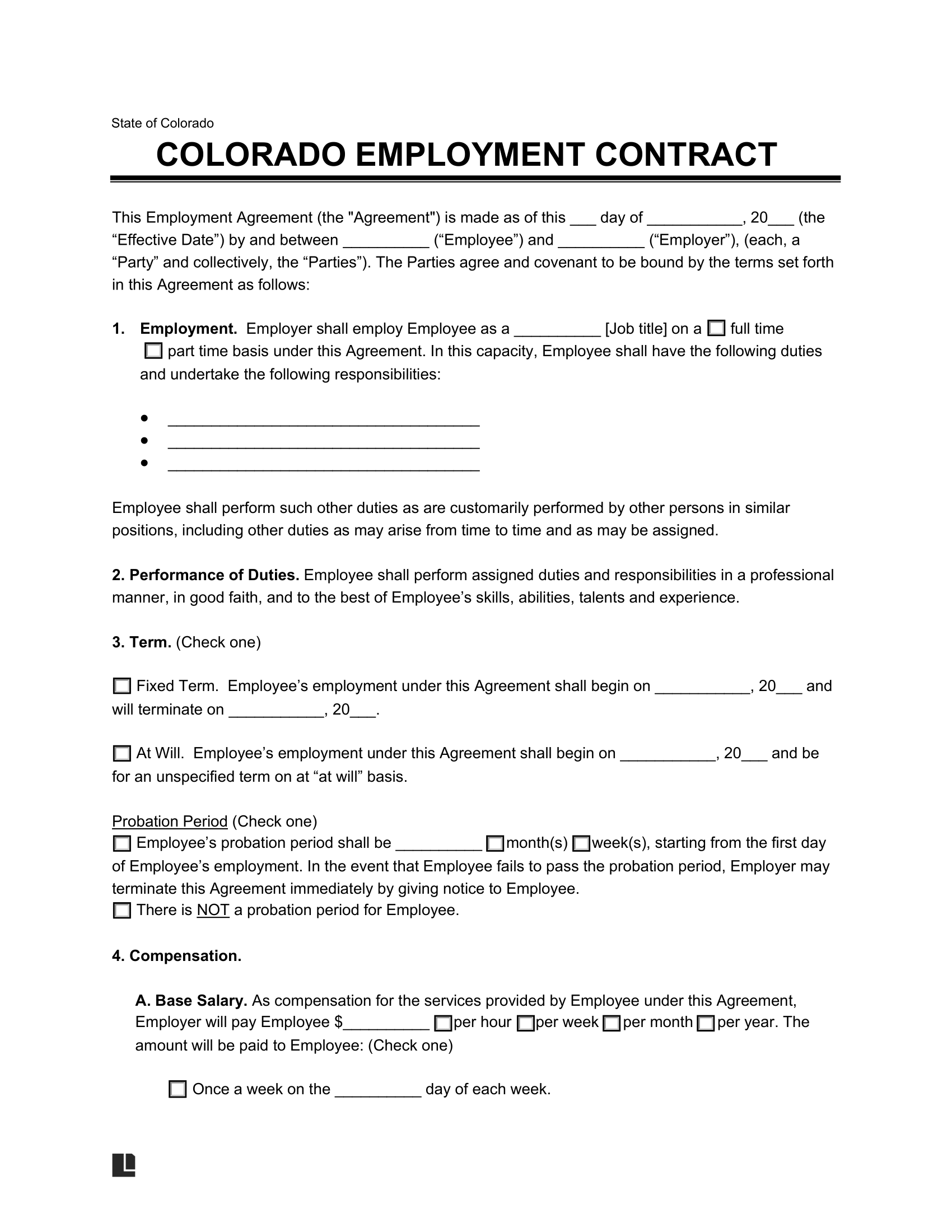 Colorado Employment Contract Template