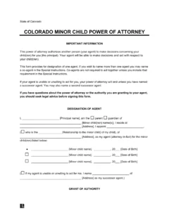 Colorado Minor Child Power of Attorney Form