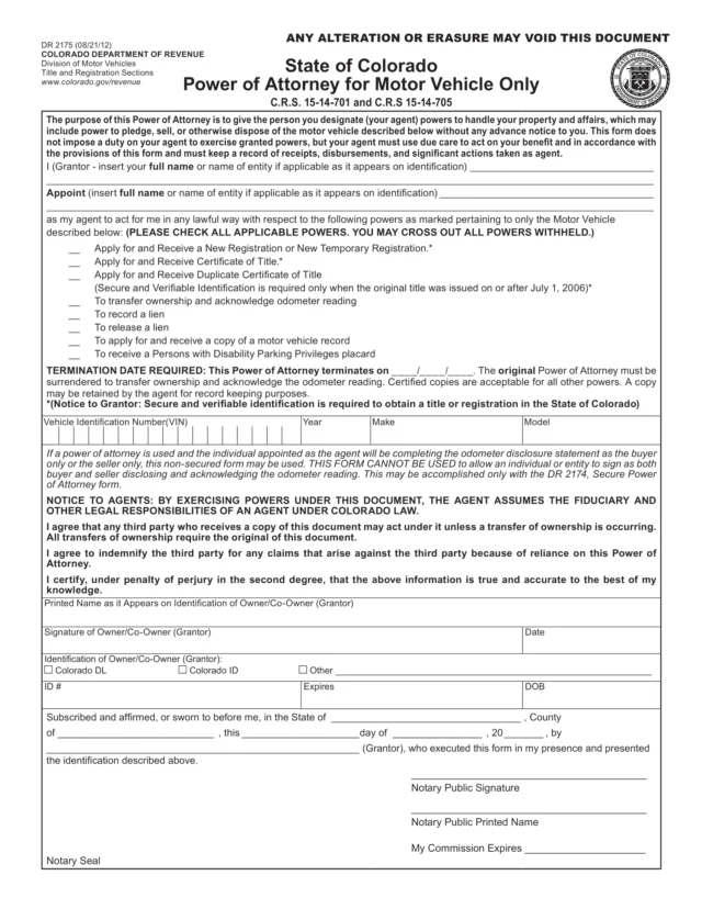 Colorado Motor Vehicle Power of Attorney Form
