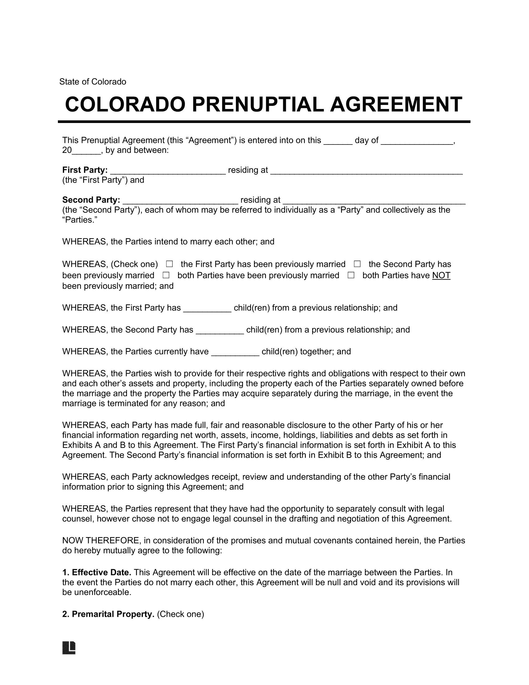 Colorado Prenuptial Agreement Template