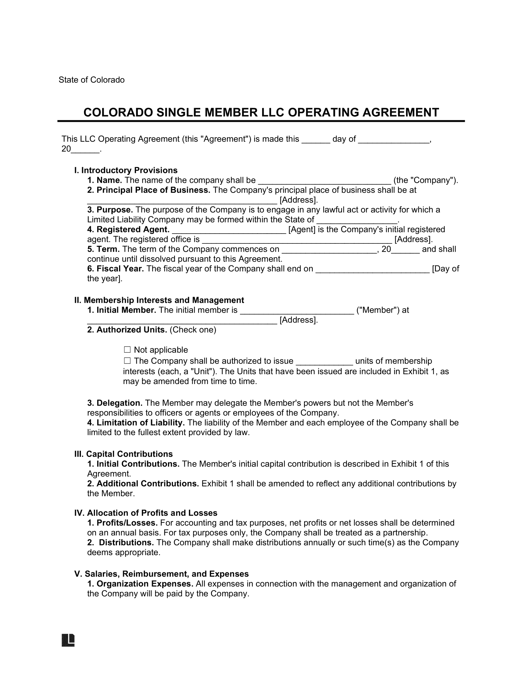 Colorado Single Member LLC Operating Agreement Form