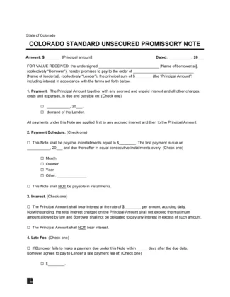 Colorado Standard Unsecured Promissory Note Template