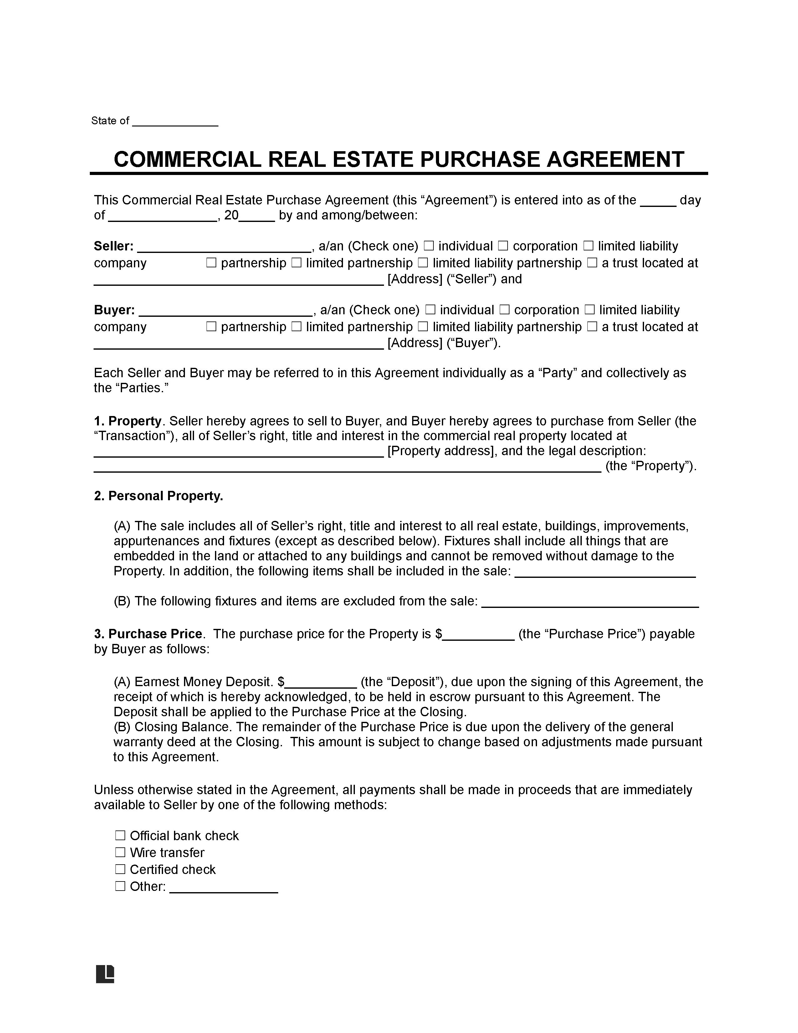 Commercial Real Estate Purchase Agreement Form