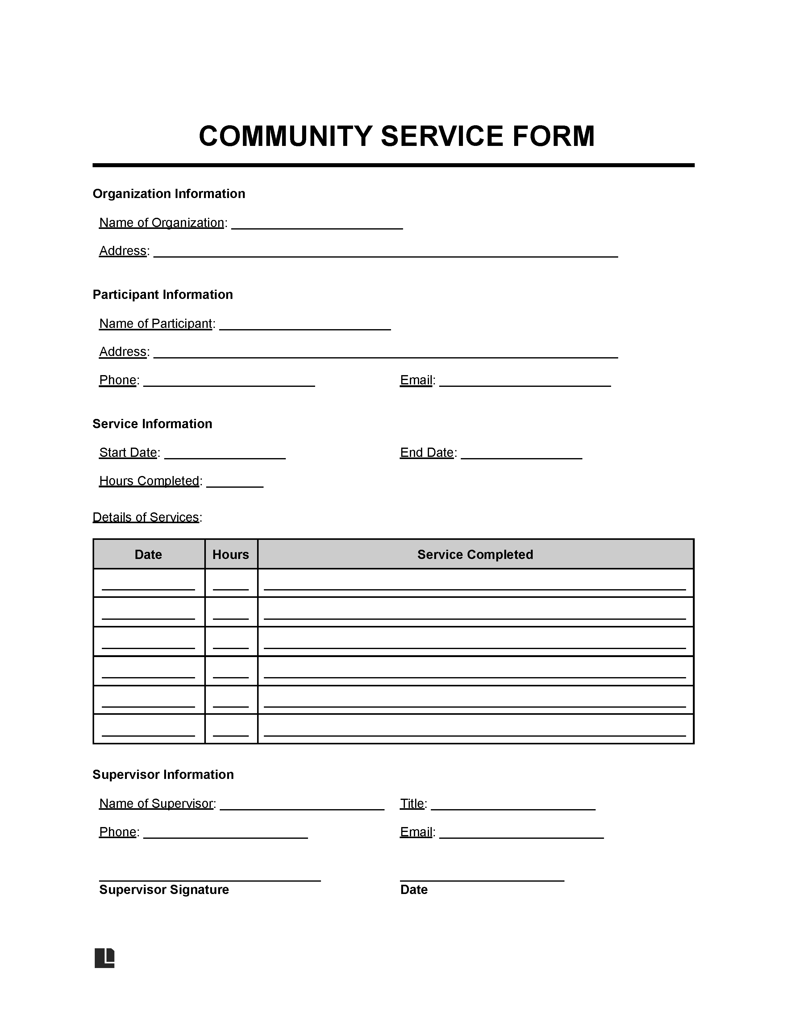 Community Service Form template