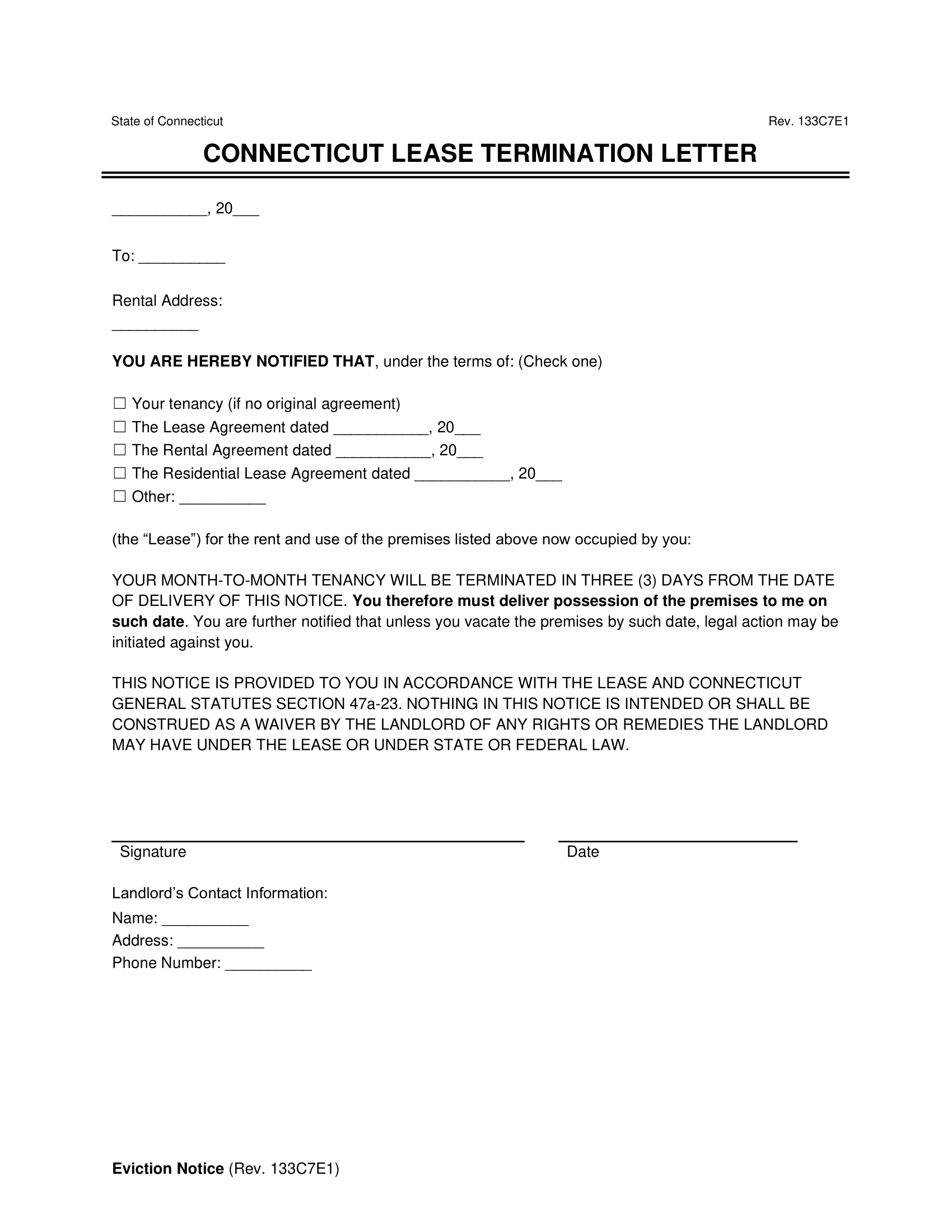 Connecticut Lease Termination Letter Template