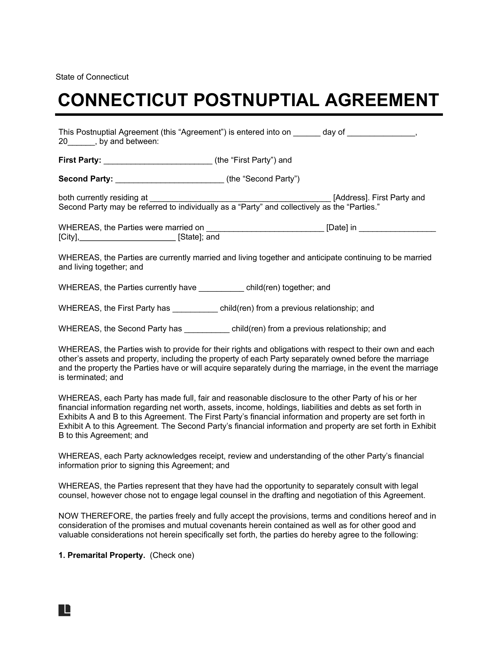 Connecticut Postnuptial Agreement Template