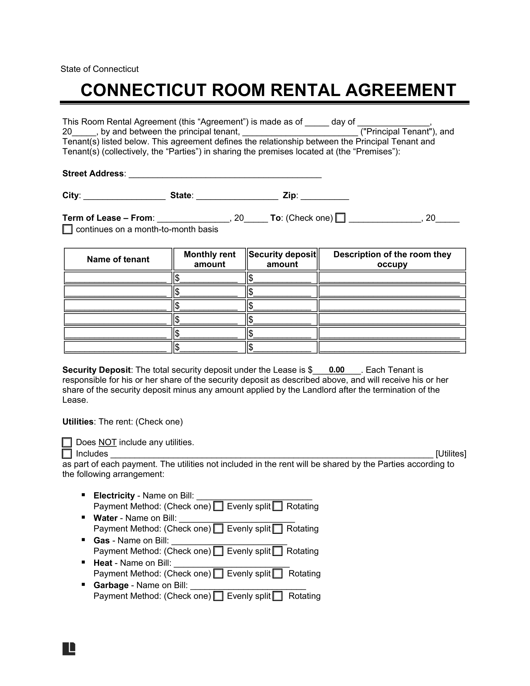 Connecticut Room Rental Agreement