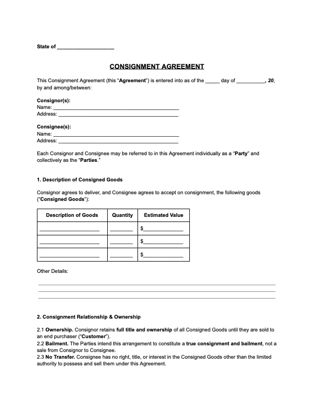 Use a consignment agreement to sell goods through another business while keeping ownership.