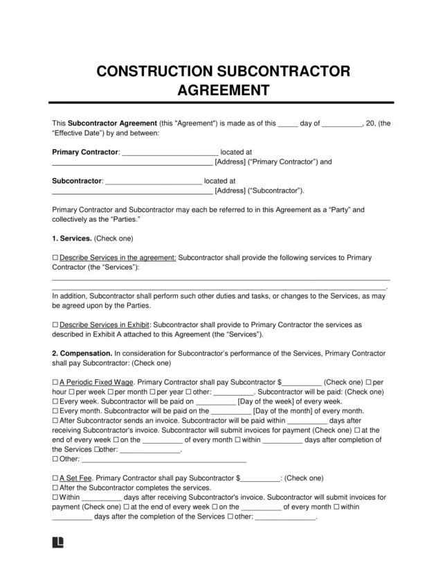 Construction Subcontractor Agreement Template