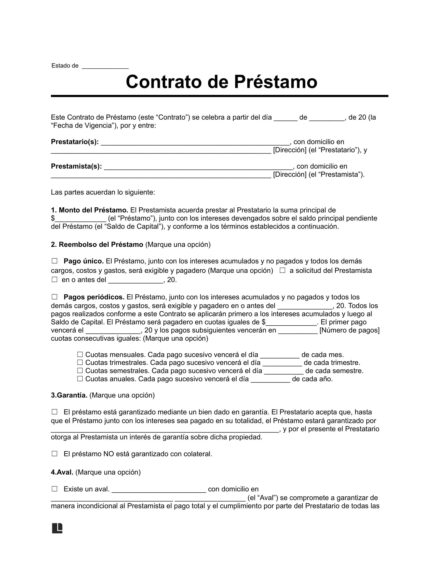 Contrato de préstamo plantilla