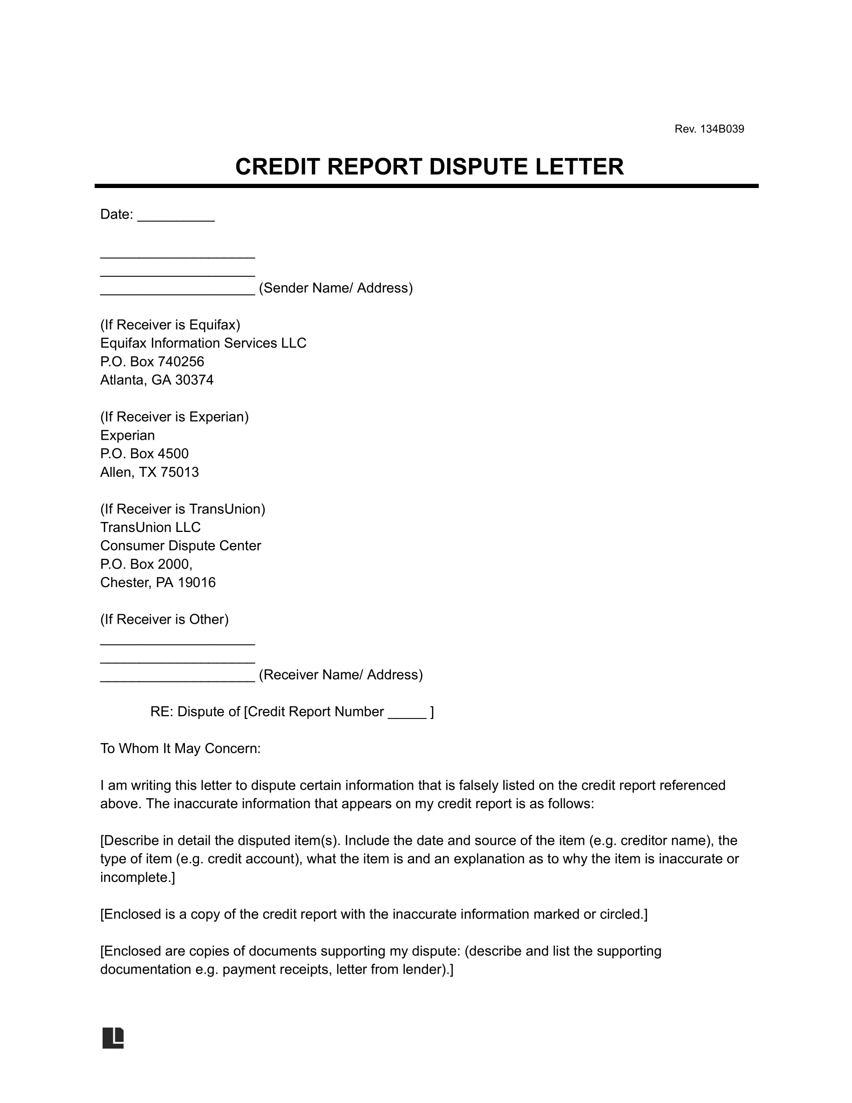 Credit Report Dispute Letter Template