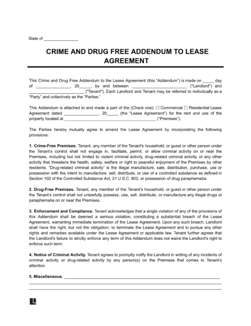 Crime and Drug Free Lease Addendum Template