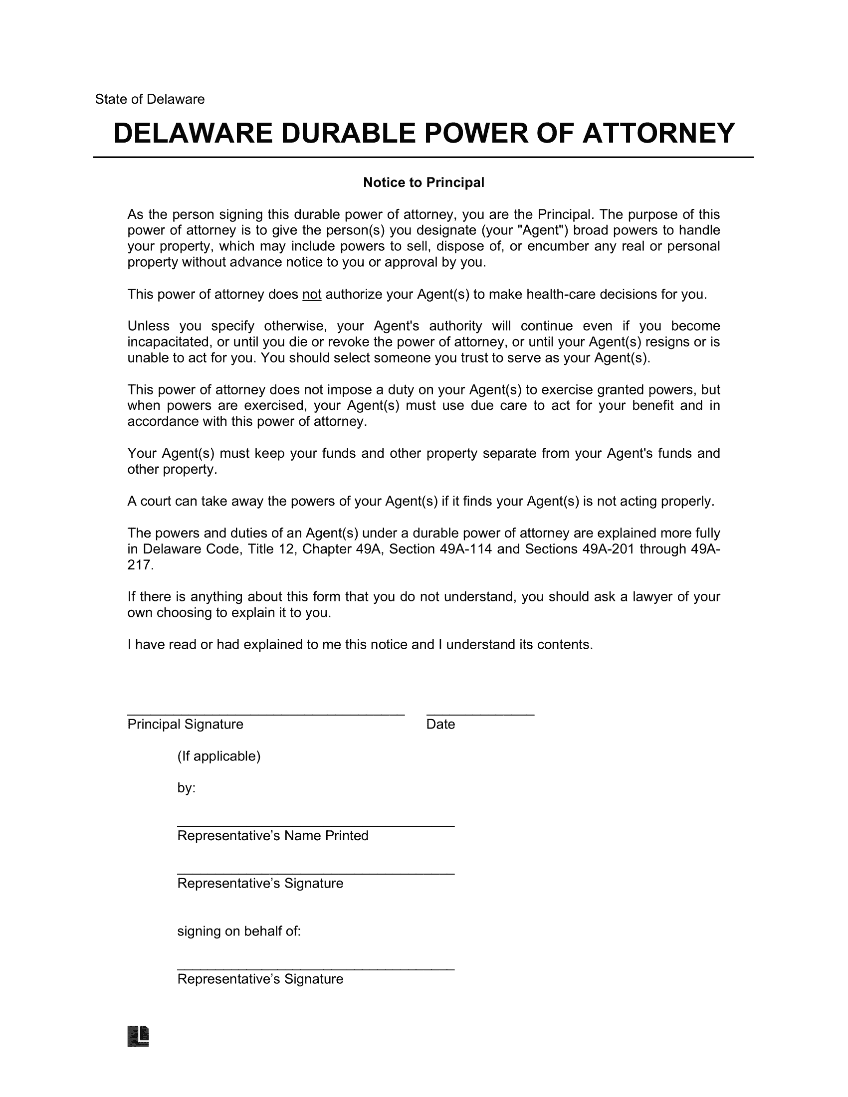Delaware Durable Statutory Power of Attorney Form