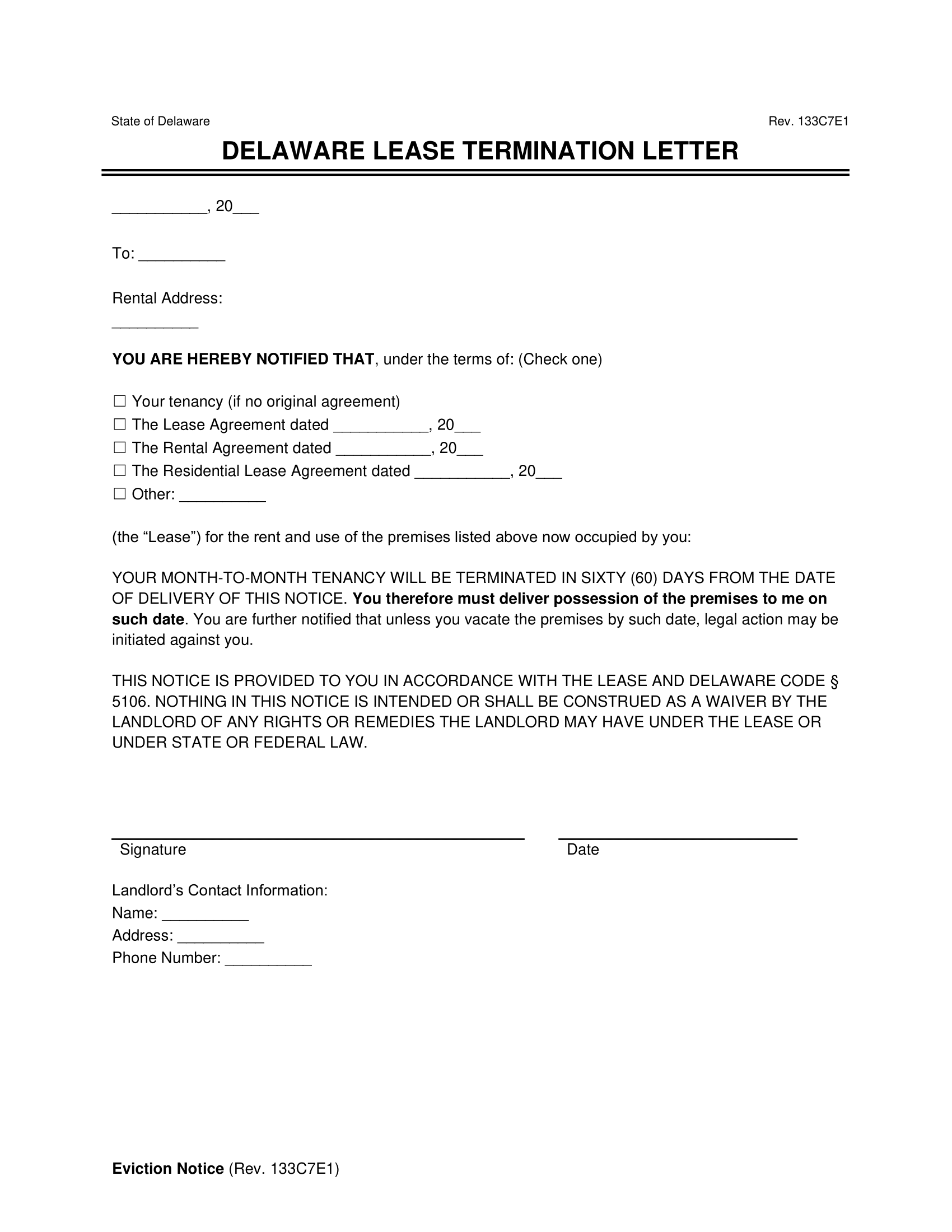 Delaware Lease Termination Letter Template