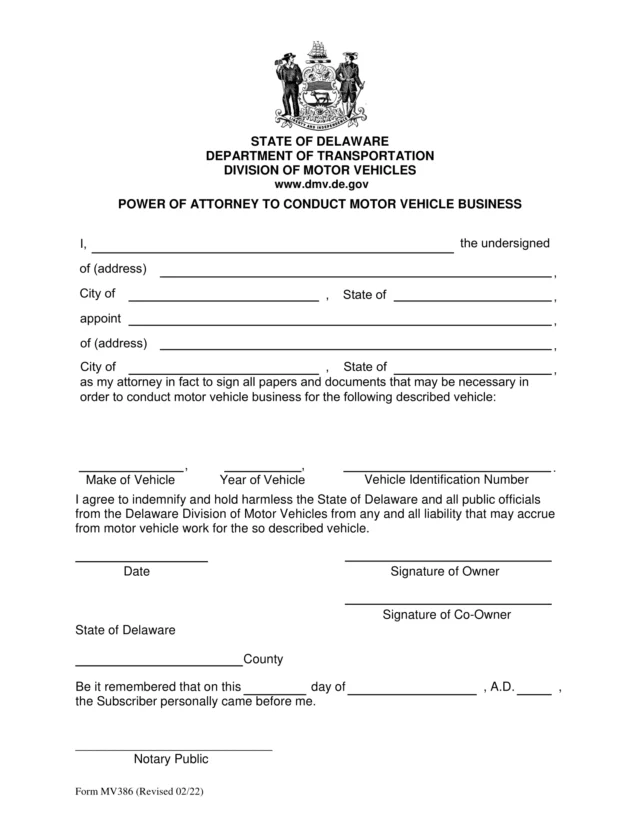 Delaware Motor Vehicle Power of Attorney Form