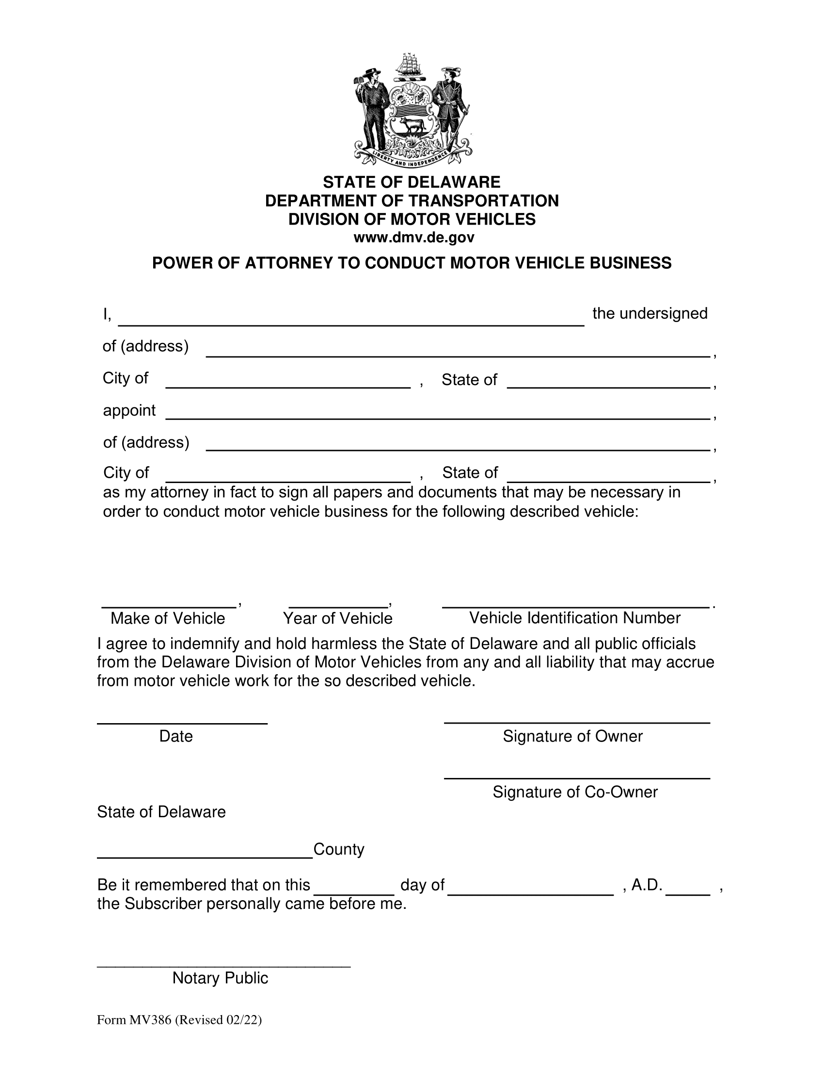 Delaware Motor Vehicle Power of Attorney Form