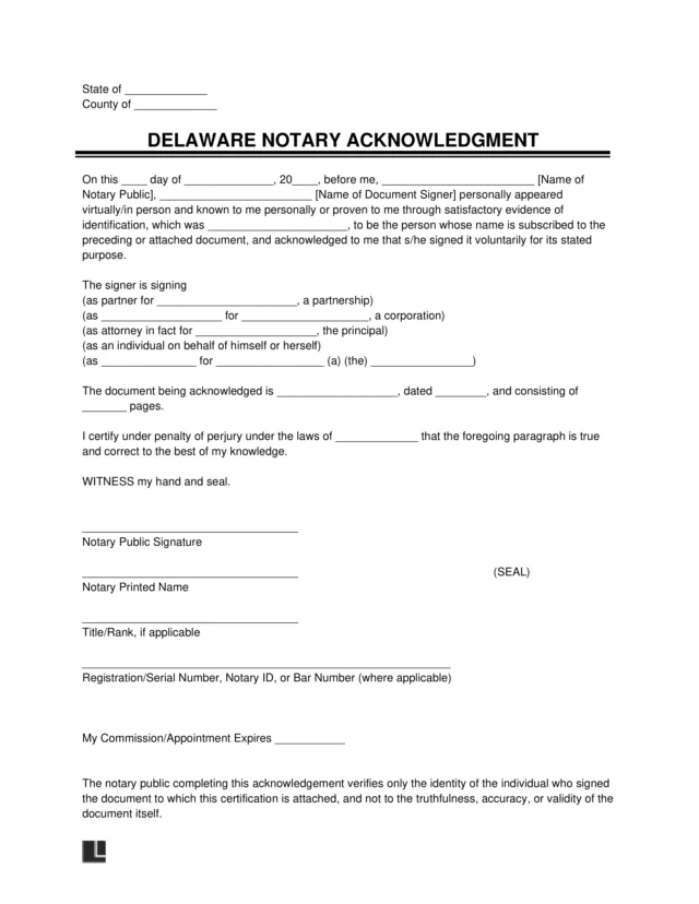 Delaware Notary Acknowledgment Form
