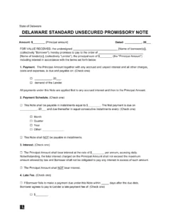 Delaware Standard Unsecured Promissory Note Template