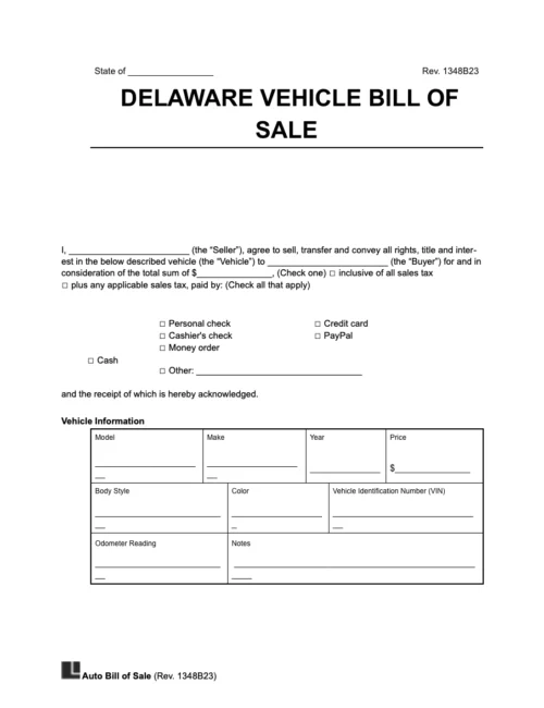 Delaware vehicle bill of sale