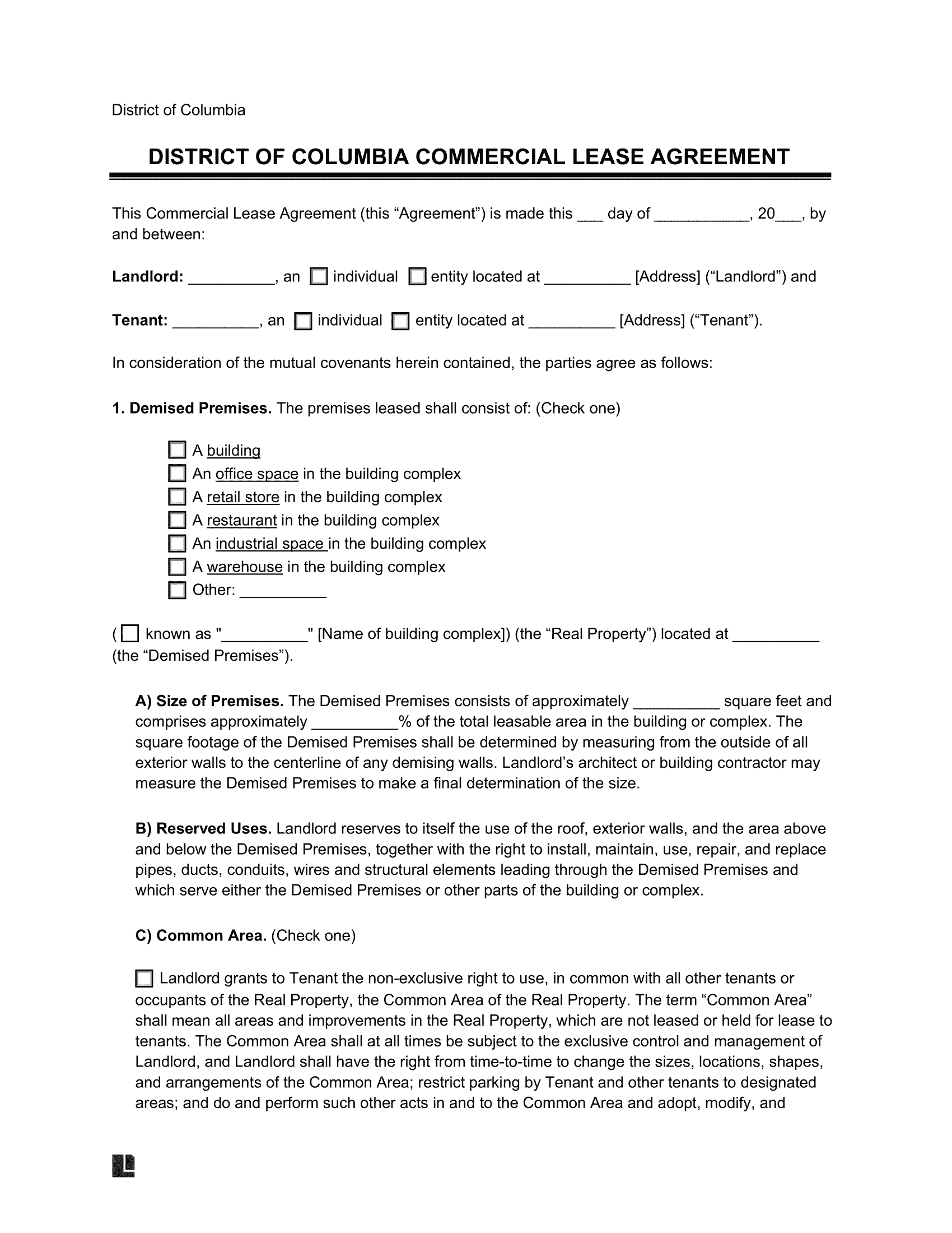 District of Columbia Commercial Lease Agreement Template