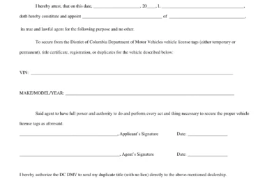 District of Columbia Motor Vehicle Power of Attorney Form