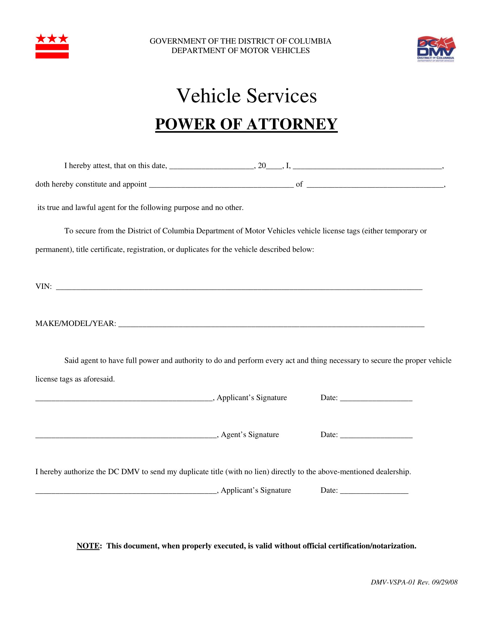 District of Columbia Motor Vehicle Power of Attorney Form