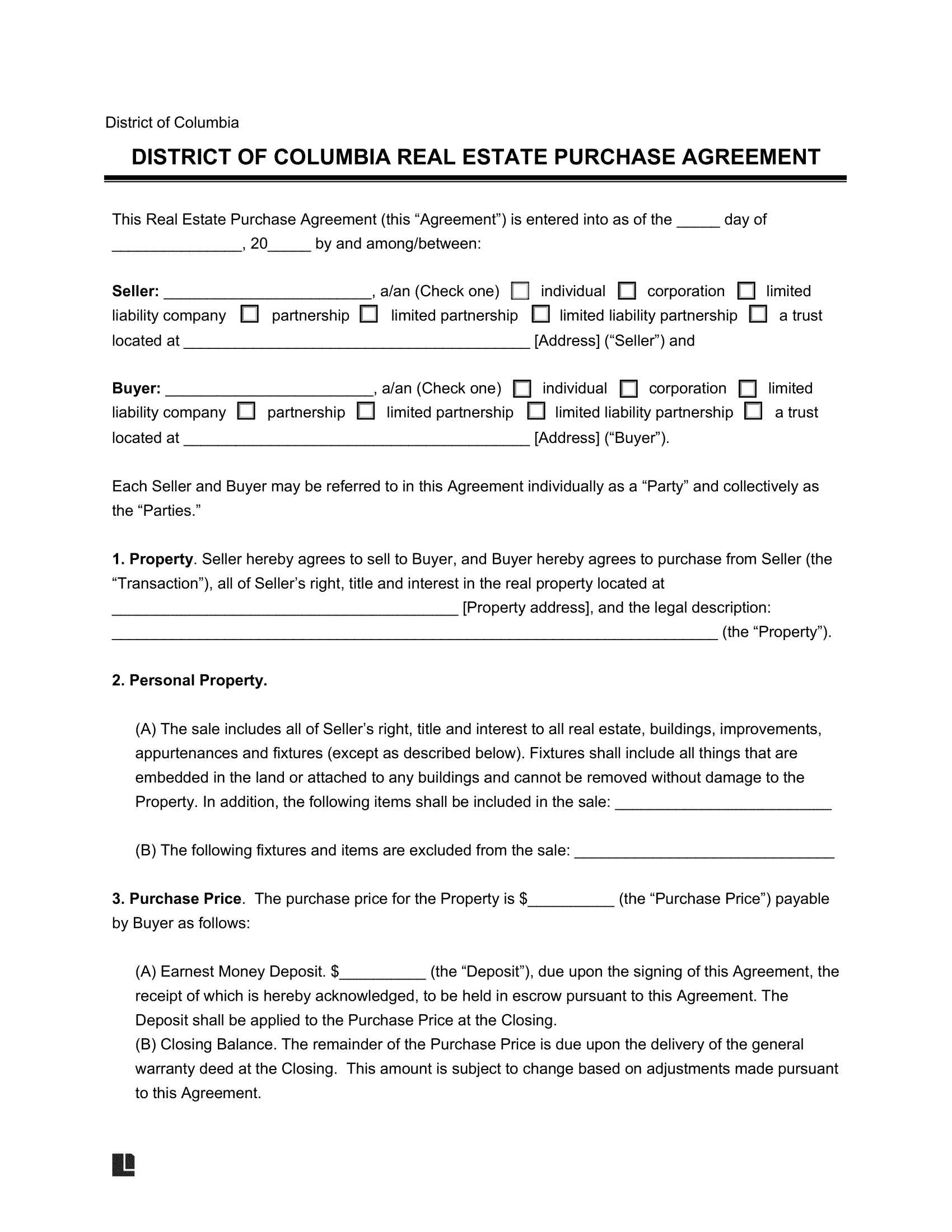 District of Columbia Residential Purchase Agreement Template