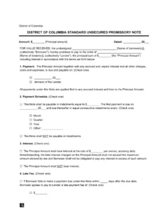 District of Columbia Standard Unsecured Promissory Note Template