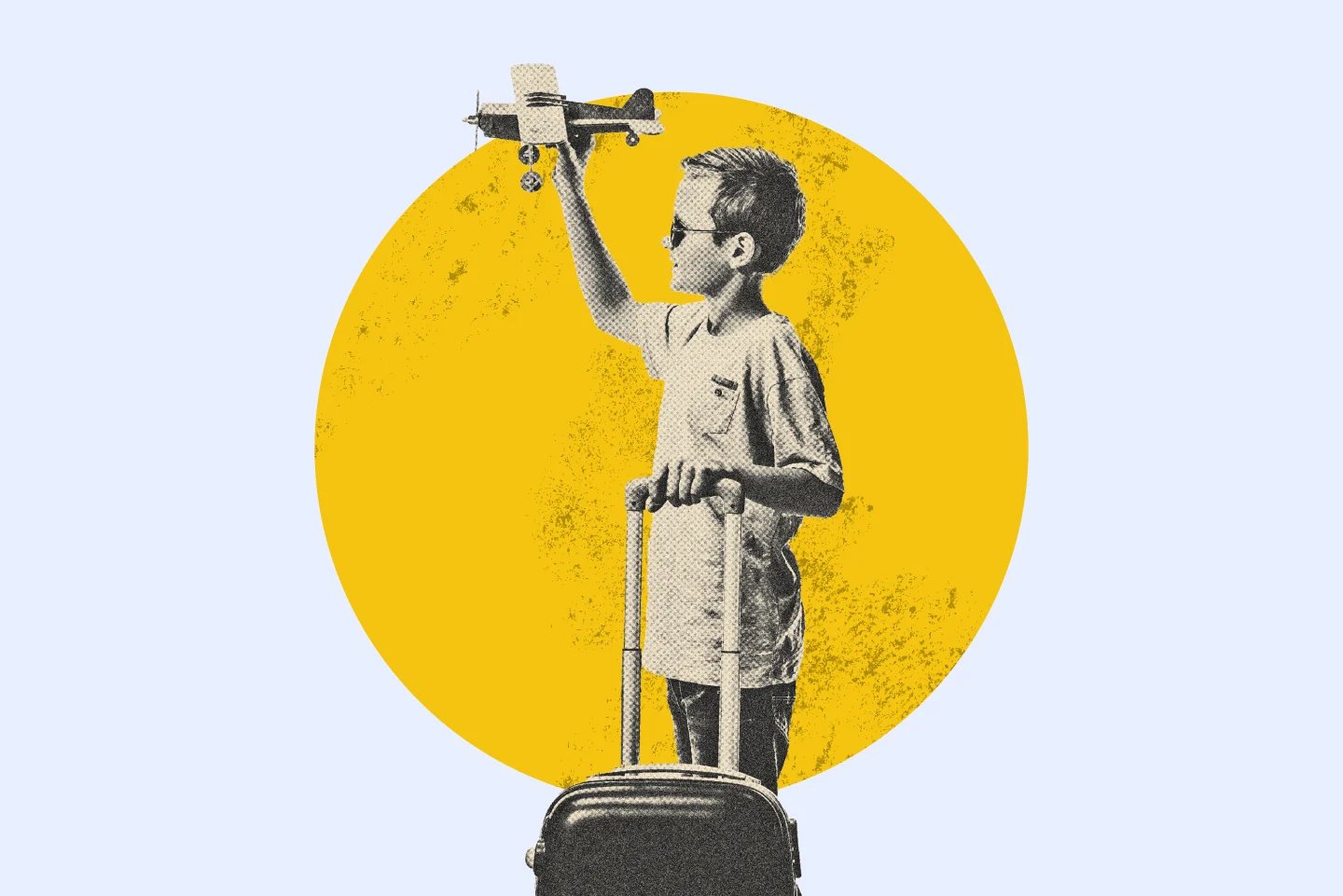 A child waiting in an airport holding a suitcase with all of their essential legal documents to ensure stress-free travel