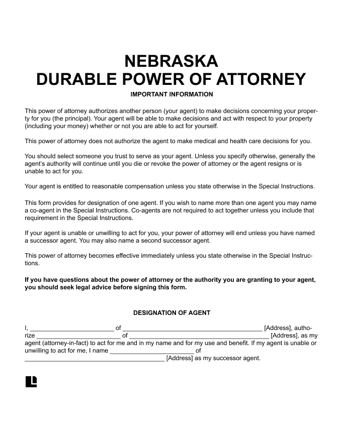 Nebraska Durable Power of Attorney form screenshot