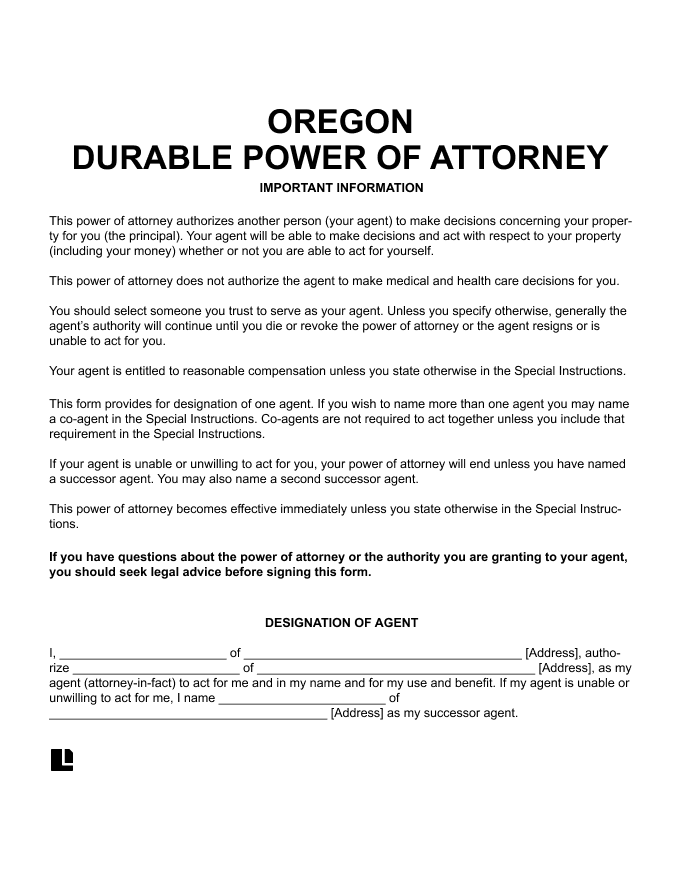 Oregon Durable Power of Attorney screenshot