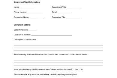 Sample of an Employee Complaint Form Template