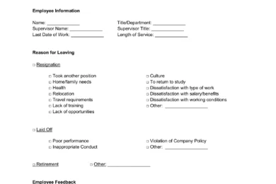 Sample of an Employee Exit Interview Form Template for when an employee quits or leaves