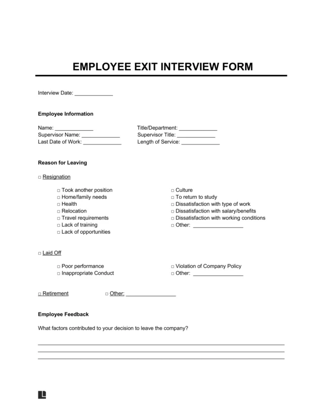 Sample of an Employee Exit Interview Form Template for when an employee quits or leaves