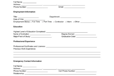 Template of an Employee Information Form Template to gather employee personal information and emergency contact information