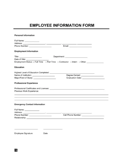 Template of an Employee Information Form Template to gather employee personal information and emergency contact information