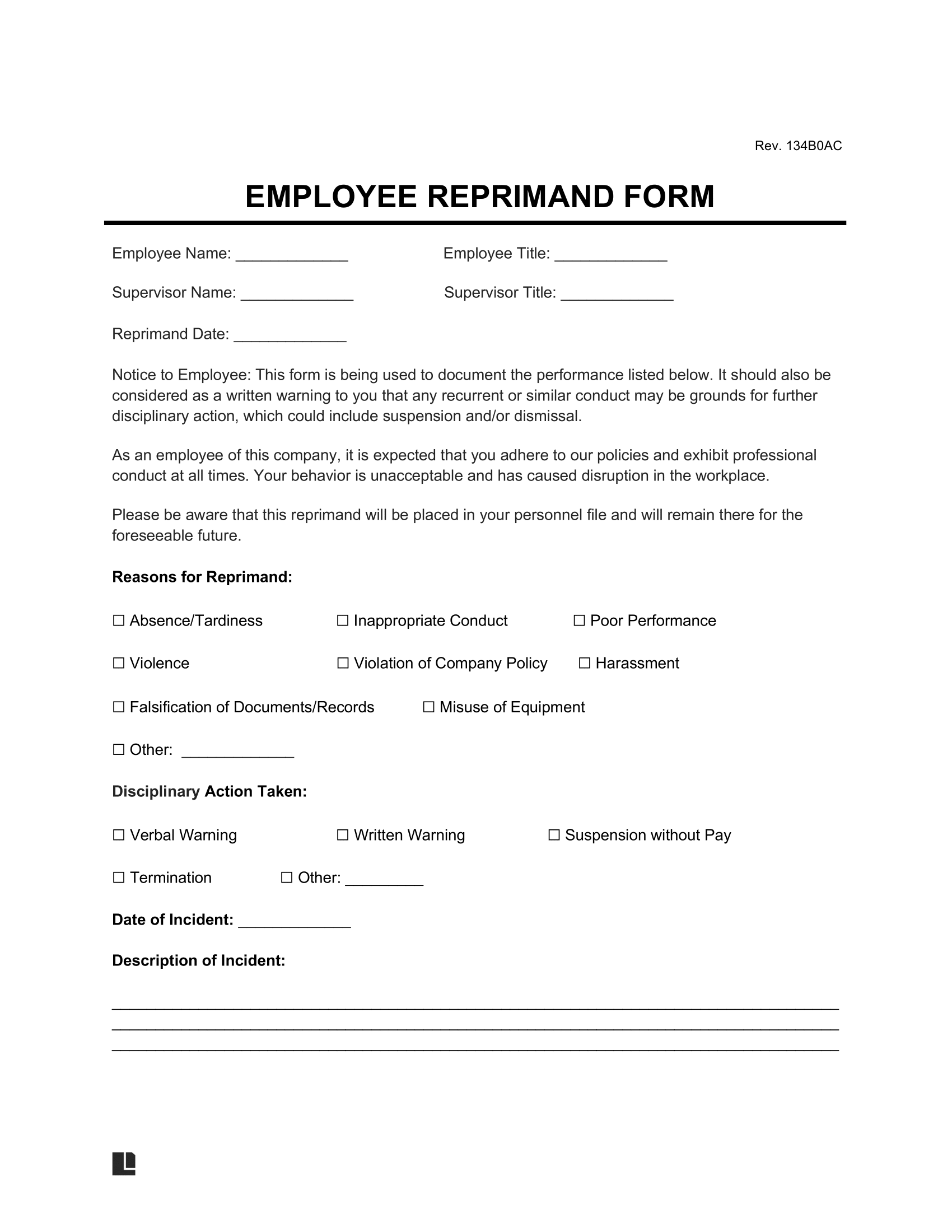 Employee Reprimand Form Template