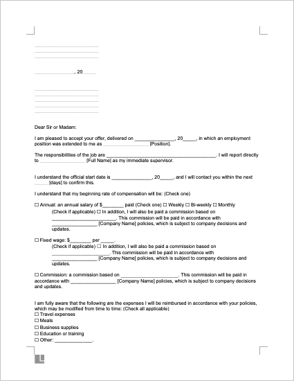 Employment acceptance letter screenshot