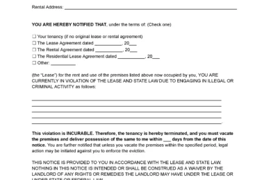 Eviction Notice to Quit for Illegal Activity Template