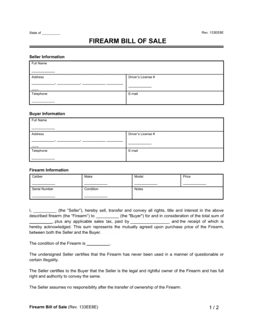 Firearm (Gun) Bill of Sale Form