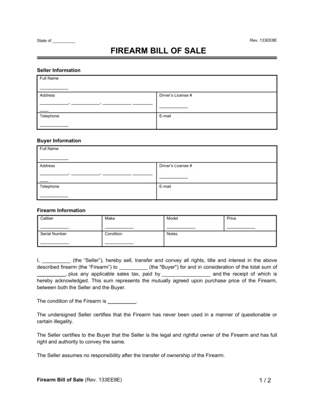 Firearm (Gun) Bill of Sale Form