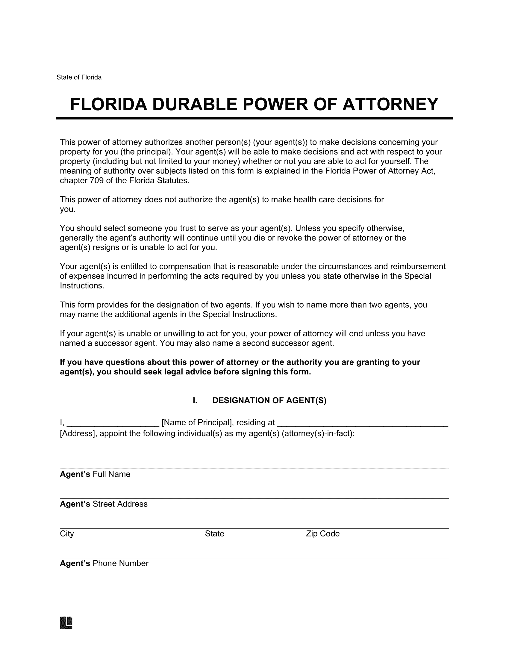 Florida Durable Power of Attorney Form