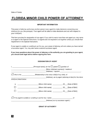 Florida Minor Child Power of Attorney Form