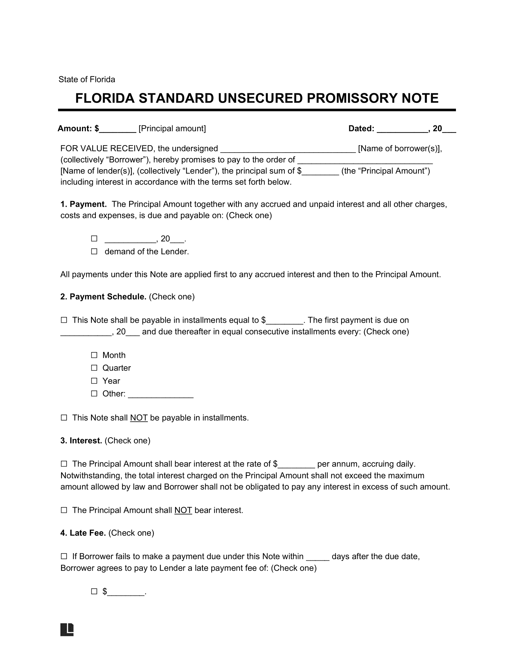 Florida Standard Unsecured Promissory Note Template