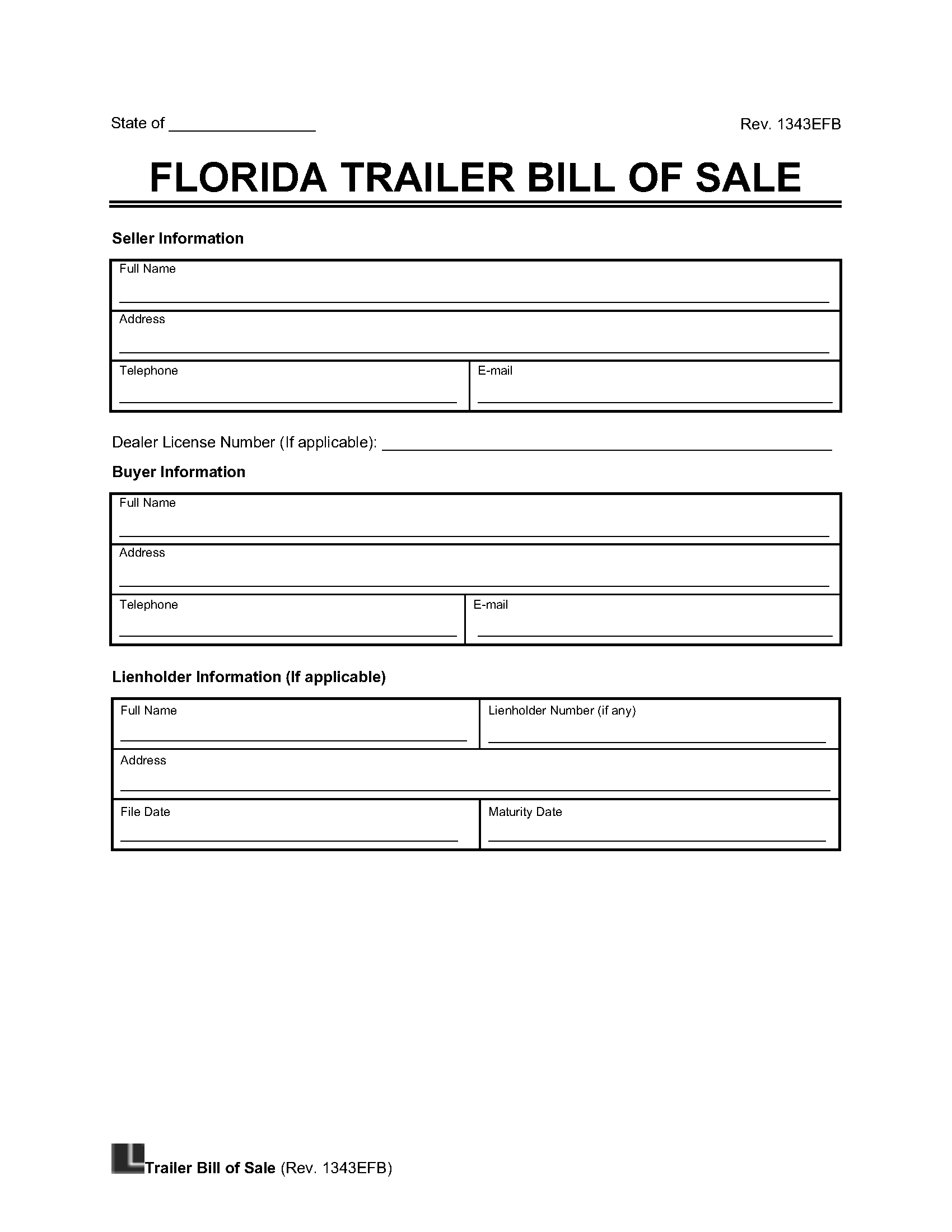 Florida Trailer Bill of Sale Template