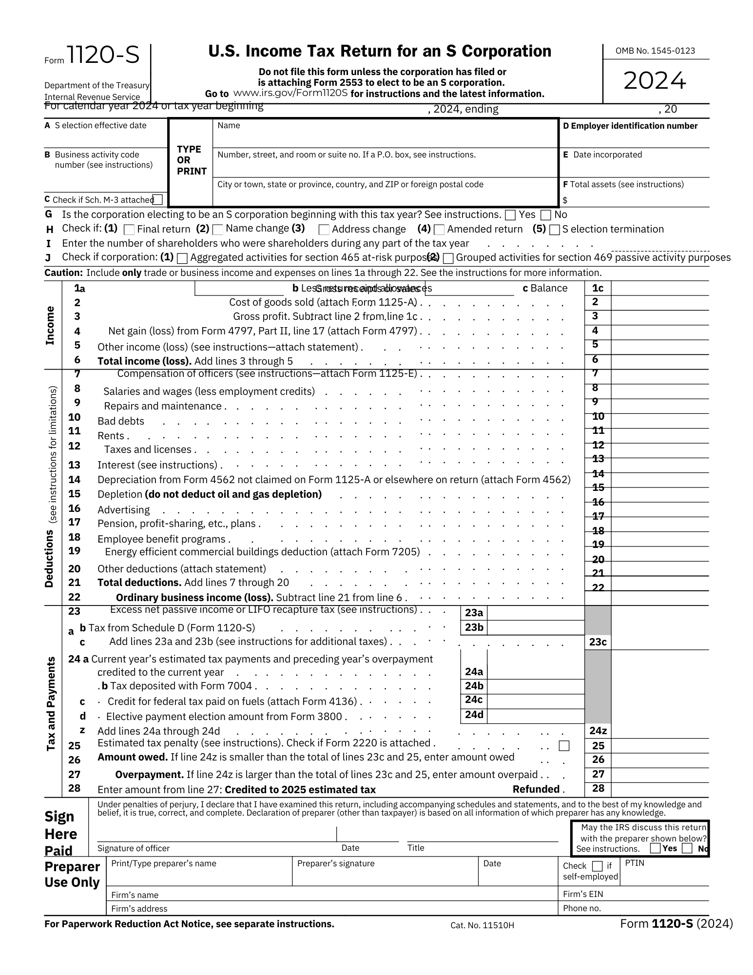 IRS Form 1120-S (2024) – U.S. Income Tax Return for an S Corporation. Official tax document for reporting business income, deductions, and credits.