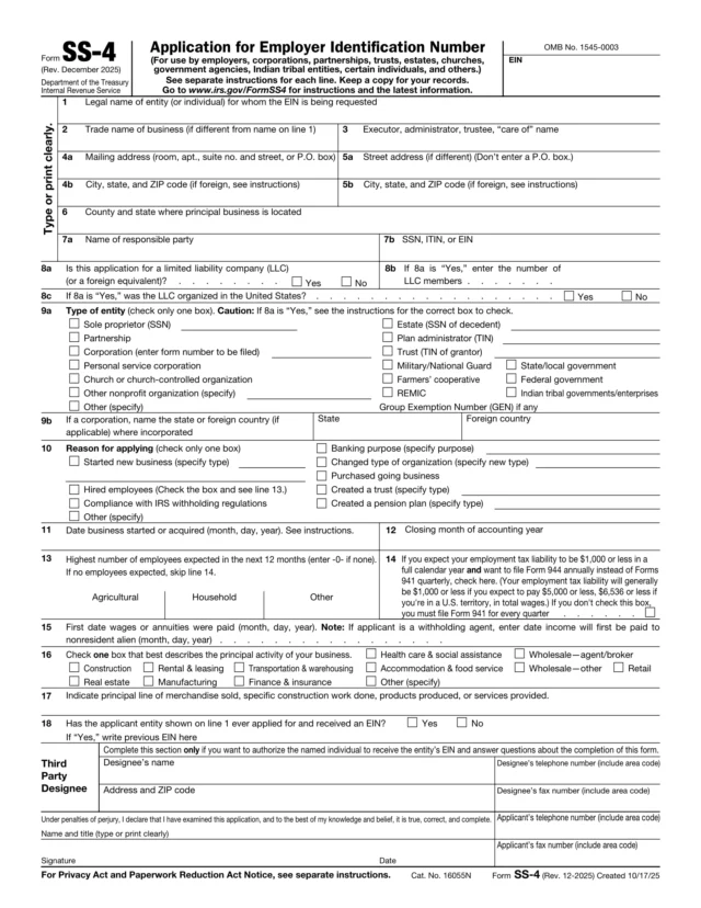 IRS Form SS-4 | Application for Employer Identification Number