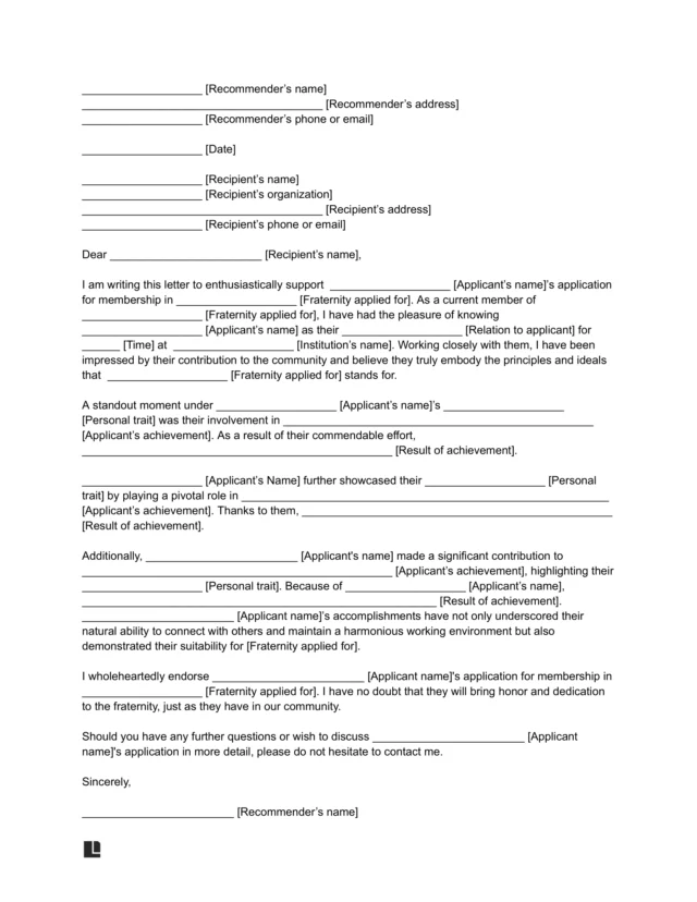 Fraternity Recommendation Letter